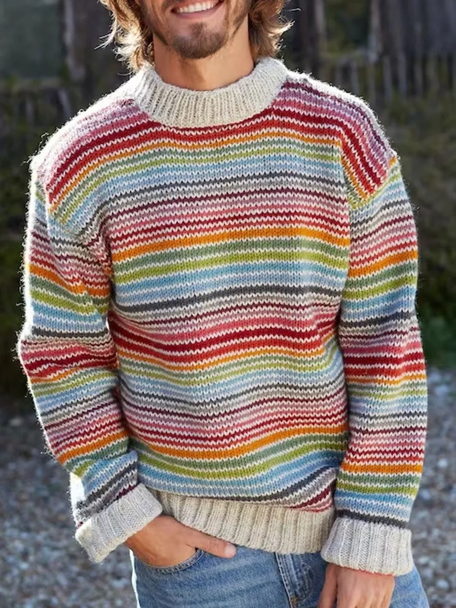 Rainbow Line Casual Round Neck Knitted Sweater