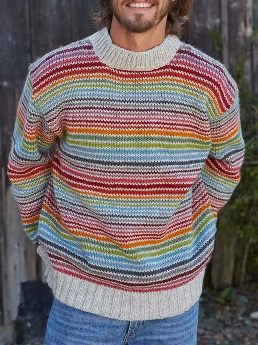 Rainbow Line Casual Round Neck Knitted Sweater