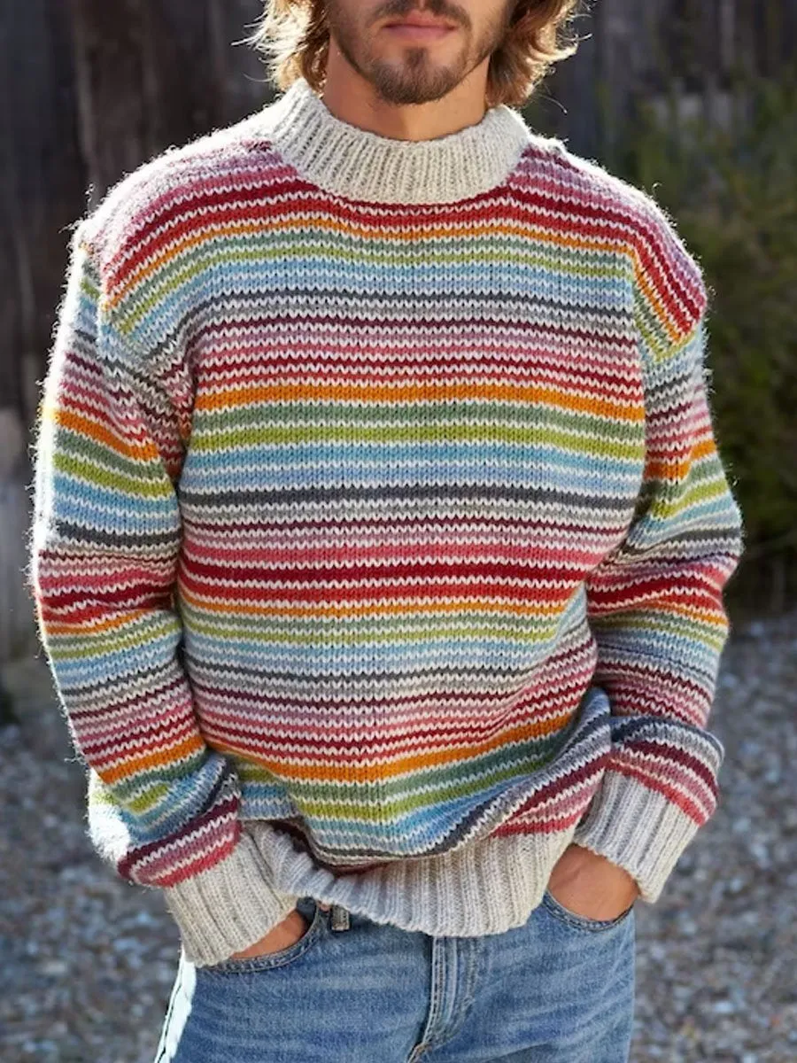 Rainbow Line Casual Round Neck Knitted Sweater