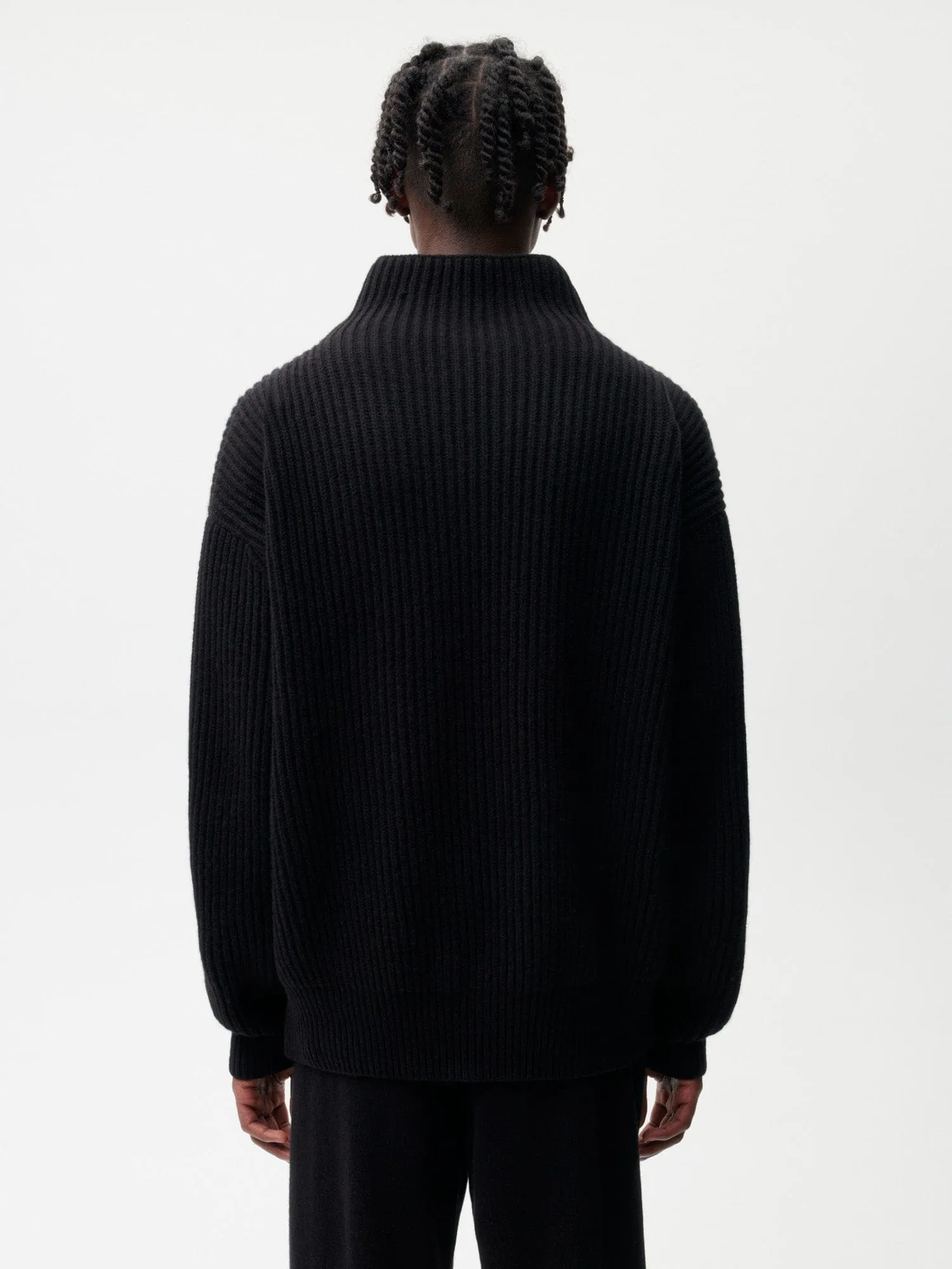 Recycled Cashmere Funnel-Neck Sweater—black