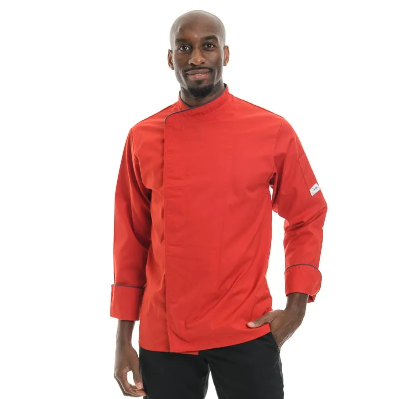 Red Large size Short Sleeve or Long Sleeve Kitchen Coat with Gray Piping  - MANELLI