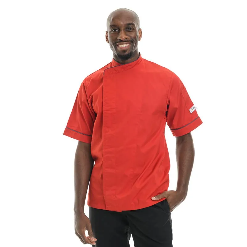 Red Large size Short Sleeve or Long Sleeve Kitchen Coat with Gray Piping  - MANELLI