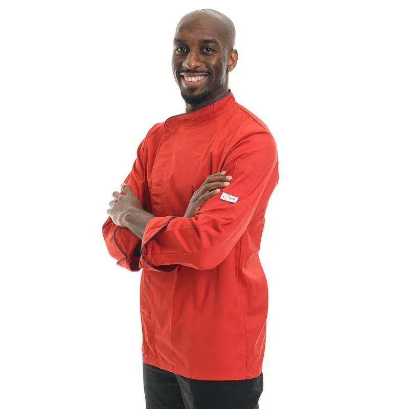 Red Large size Short Sleeve or Long Sleeve Kitchen Coat with Gray Piping  - MANELLI