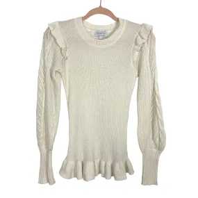 Sofia Jeans by Sofia Vergara White Ruffle with Open Cable Knit Sleeves Sweater- Size S (see notes)