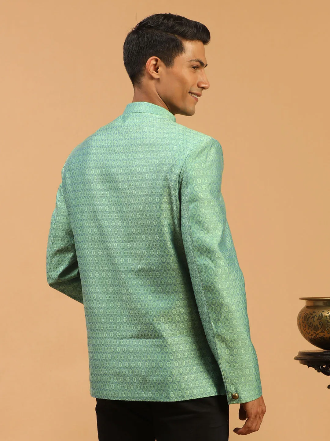 VASTRAMAY Men's Green Silk Blend Woven Jodhpuri