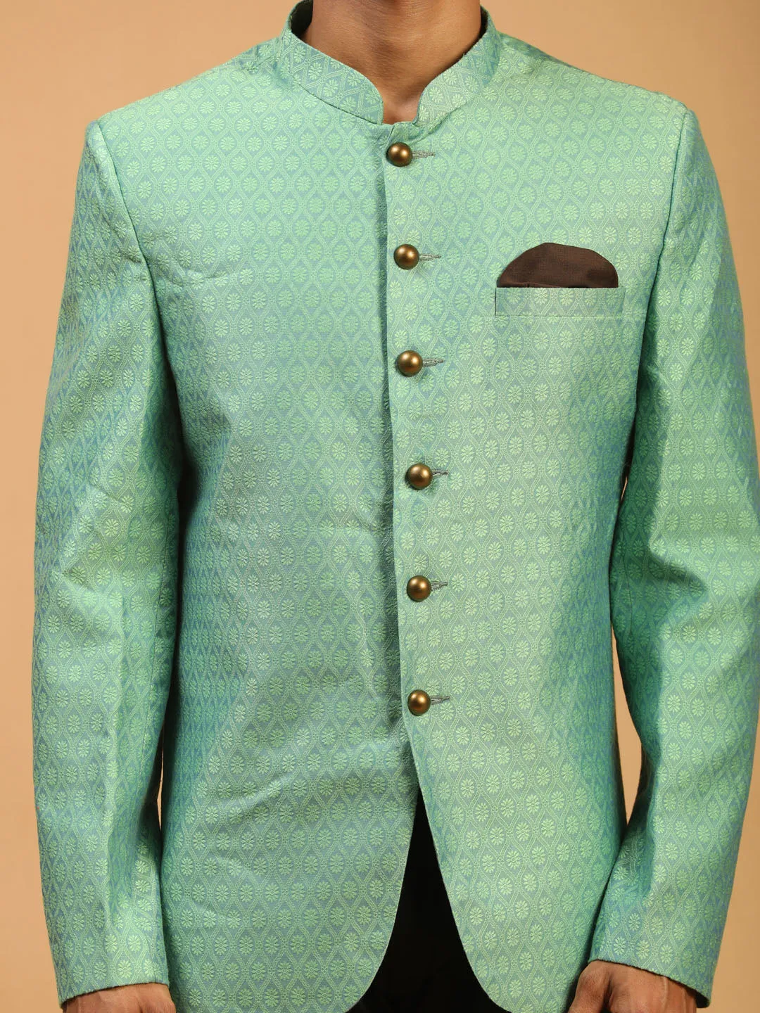 VASTRAMAY Men's Green Silk Blend Woven Jodhpuri