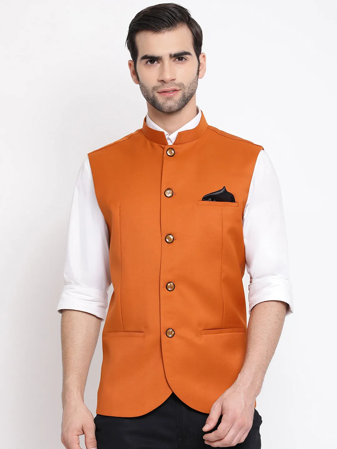 VASTRAMAY Orange Cotton Blend Twill Nehru Jacket