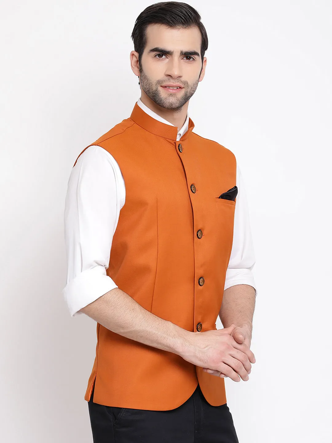 VASTRAMAY Orange Cotton Blend Twill Nehru Jacket