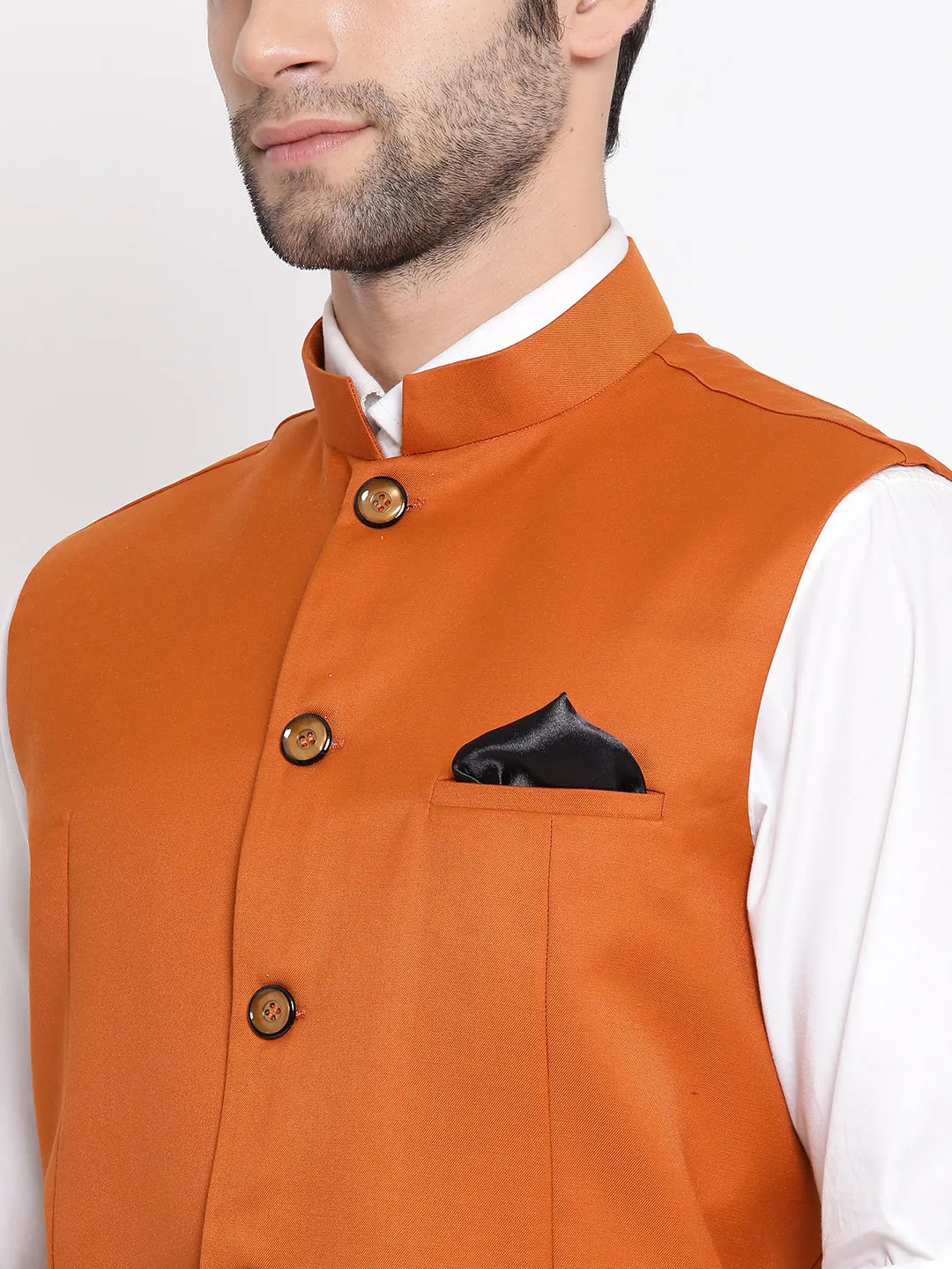 VASTRAMAY Orange Cotton Blend Twill Nehru Jacket