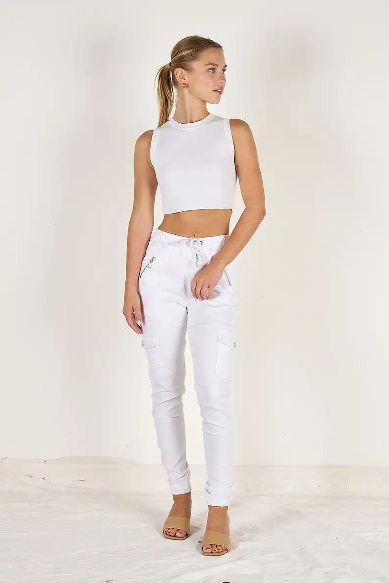 Wakee Denim Ladies Cargo Jogger - White 10086