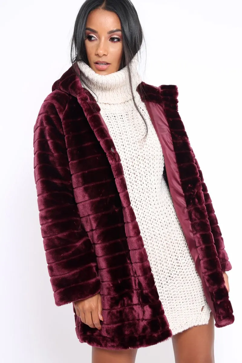 Wine Soft Faux Fur Hooded Coat - Kila