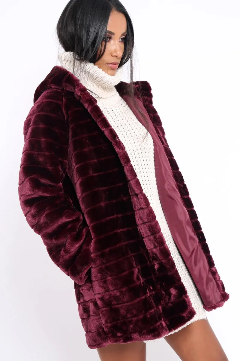 Wine Soft Faux Fur Hooded Coat - Kila