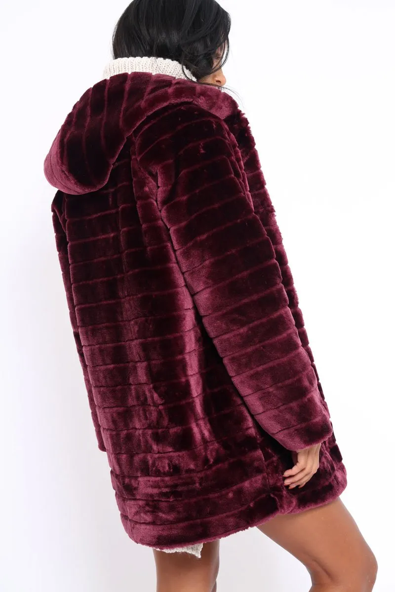 Wine Soft Faux Fur Hooded Coat - Kila