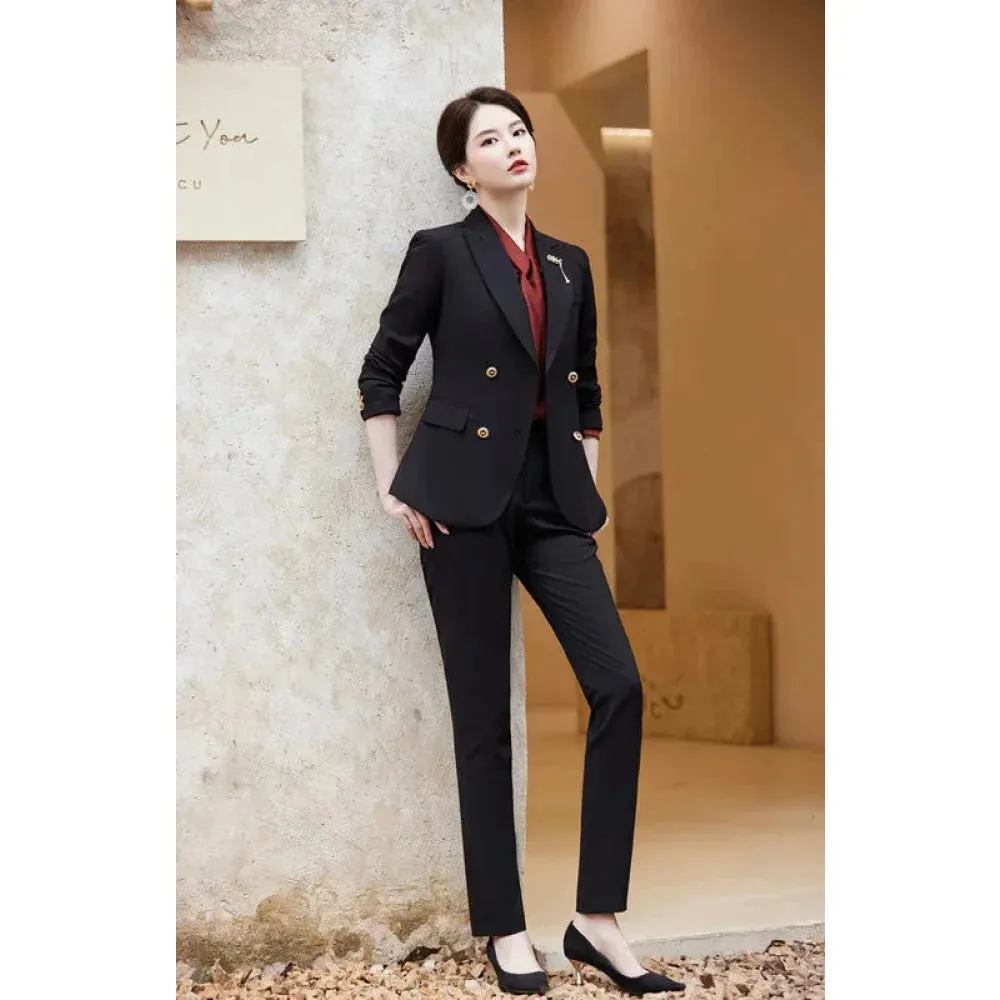 Women's Formal Long Sleeve Slim Blazer High Wais Pants Two Piece Suit