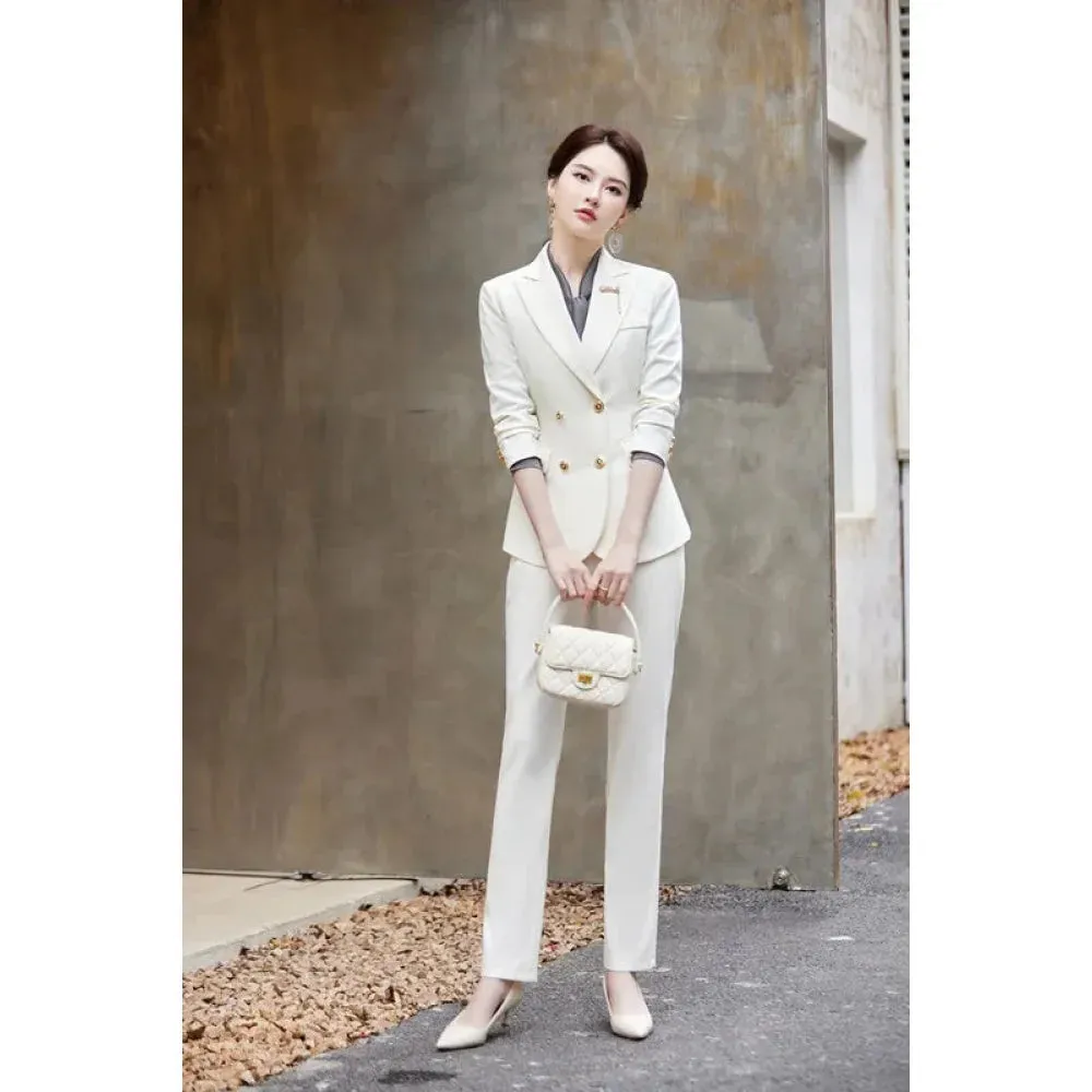 Women's Formal Long Sleeve Slim Blazer High Wais Pants Two Piece Suit