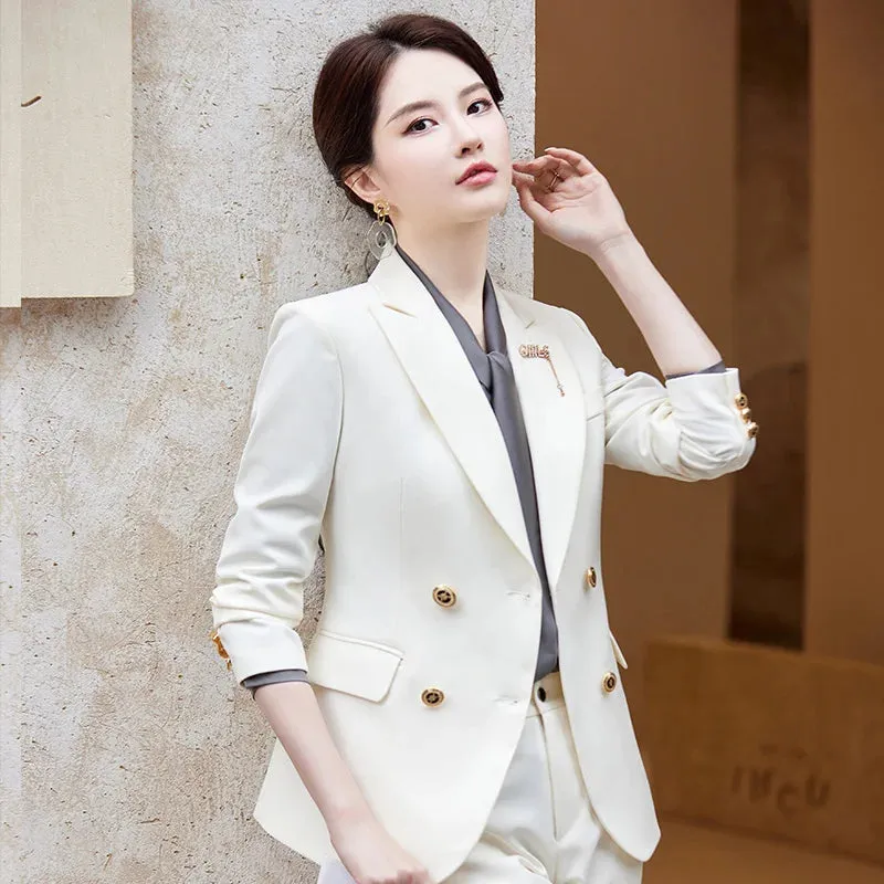 Women's Formal Long Sleeve Slim Blazer High Wais Pants Two Piece Suit