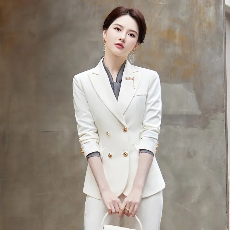 Women's Formal Long Sleeve Slim Blazer High Wais Pants Two Piece Suit